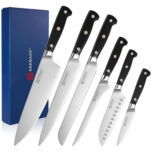 KEEMAKE Knife Set of 6, Kitchen Knife Sets with High Carbon German Stainless Steel Chef Knife Set, Japanese Knife Set Professional Kitchen Knife Set with Black Handle Santoku Knife Set