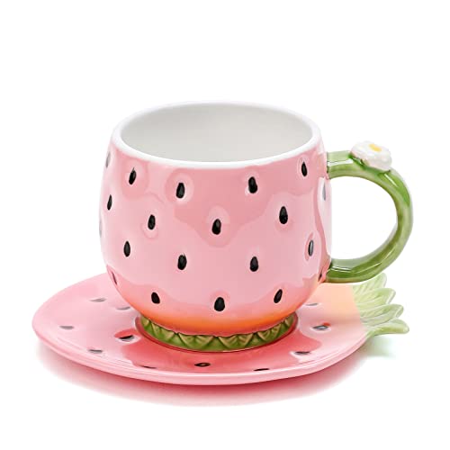 Noviko Ceramic Tea Cup and Saucer Coffee Mug Strawberry Coffee Cup with Saucer - 8 Ounce (Pink) - Pink