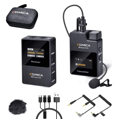 comica Wireless Lavalier Microphone, BoomX-D1 2.4G Compact Lapel Microphone System, Lav Mic for Canon Nikon Cameras, Smartphones, Camcorder Podcast Interview YouTube Recording Tiktok Facebook Live - Black