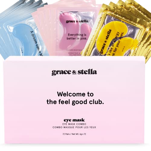 Under Eye Mask - Reduce Dark Circles, Puffy Eyes, Undereye Bags, Wrinkles - Gel Under Eye Patches, Vegan Cruelty-Free Self Care by grace and stella (72 Pairs, GoldPinkBlue)24 Pair (Pack of 3) - 72 Pairs - GoldPinkBlue