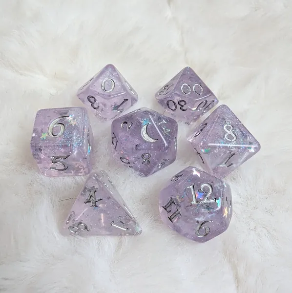 Moonbeam DnD Dice Set, Polyhedral dice, D&D dice, Dungeons and Dragons, Table Top Role Playing. Resin dice with fantasy font
