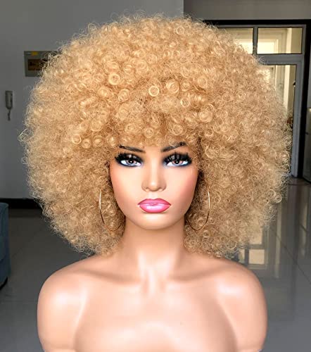 HIHOO Short Afro Wig with Bangs for Black Women Afro Kinky Curly Wig 70s Premium Synthetic Big Afro Wig(Blonde) - Blonde