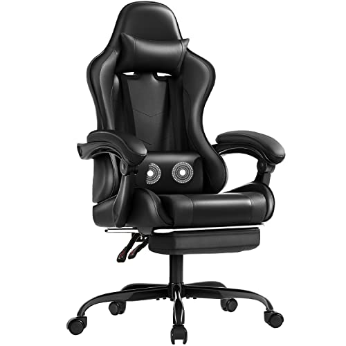 Shahoo Gaming Chair with Footrest and Massage Lumbar Support, Video Racing Seat Height Adjustable with 360°Swivel and Headrest for Office or Bedroom, Black - Black