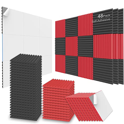 JBER 48 Pack Acoustic Foam Panels, 1" X 12" X 12" Upgraded Self-Adhesive Studio Soundproofing Wedges Fire Resistant Sound Proof Padding Acoustic Treatment Foam - Black & Red - Self-Adhesive - 1 Inch 48 Pack Black + Red