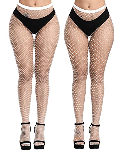 E-Laurels Womens High Waist Patterned Fishnet Tights Suspenders Pantyhose Thigh High Stockings Black - White Fishnet Tights M+l_hole