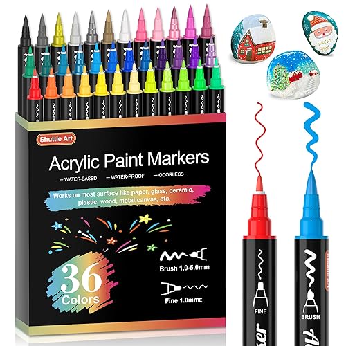 Shuttle Art 36 Colors Dual Tip Acrylic Paint Markers, Brush and Fine Tip for Rock Painting, Ceramic, Wood, Canvas, Plastic, Glass, Stone, Calligraphy, Card Making, DIY Crafts - fine & brush tip