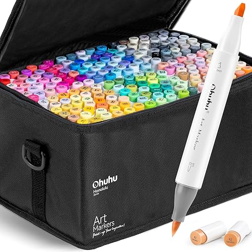 Ohuhu Brush Markers - 216-color Double Tipped Alcohol-based Art Marker Set for Artist Adults Coloring Illustration -Brush & Chisel Dual Tips - Honolulu Series of Ohuhu Markers - Refillable Ink - Alcohol Based Dual Tipped Art Markers
