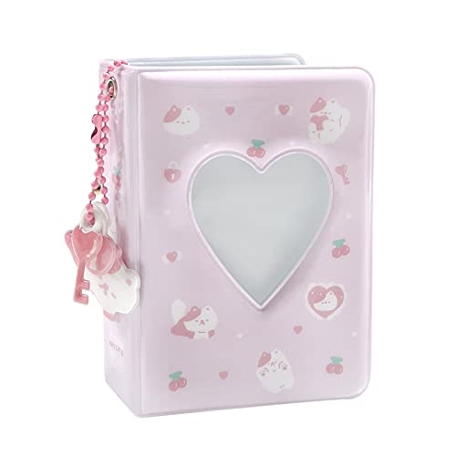 3 Inch Mini Photo Album, Heart Hollow Card Binder Photo Album Kpop Photo Card Holder with Pendant 40 Pockets (pink white cat) - pink white cat