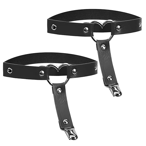 2pcs Punk Garter Belt Leg Ring Set Heart-Shape Harness Alloy Thigh Highs Women Girl Anti-Slip Clips Harness Elastic Adjustable Gothic Butterfly Suspender Strap Holster Accessories(Black)