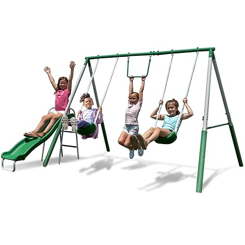 Sportspower Amazon Exclusive My First Metal Outdoor Kids Swing Set with Slide, Green/White