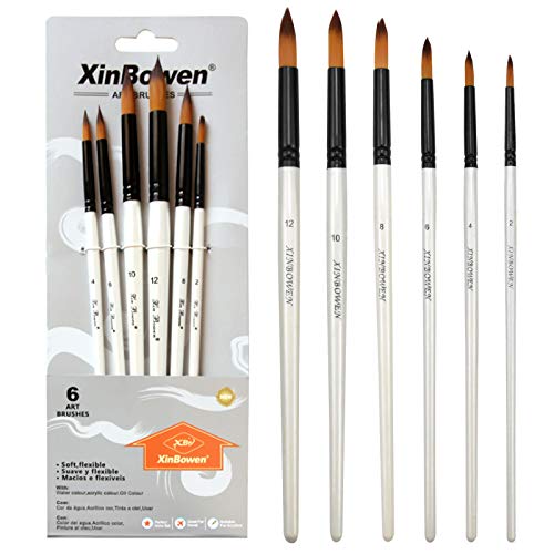 6 Pieces Paint Brushes Set, Nylon Hair Brushes Set Artist Paint Brushes Set for Acrylic Painting, Watercolor, Oil Paintings, Watercolor, Gouache Painting, Watercolor, Painting Canvas, Clay, Wood