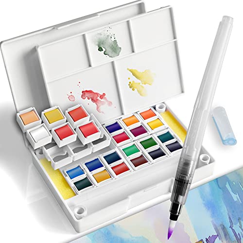 Ezigoo Watercolour Paint Set Professional Painting Suppliers Kit in Portable Travel Box 24 Half Pan with 1 Water Brush & 2 Sponge & A Mixing Palette for Artists, Students, Hobbyists, Adults, Children - Color of 24