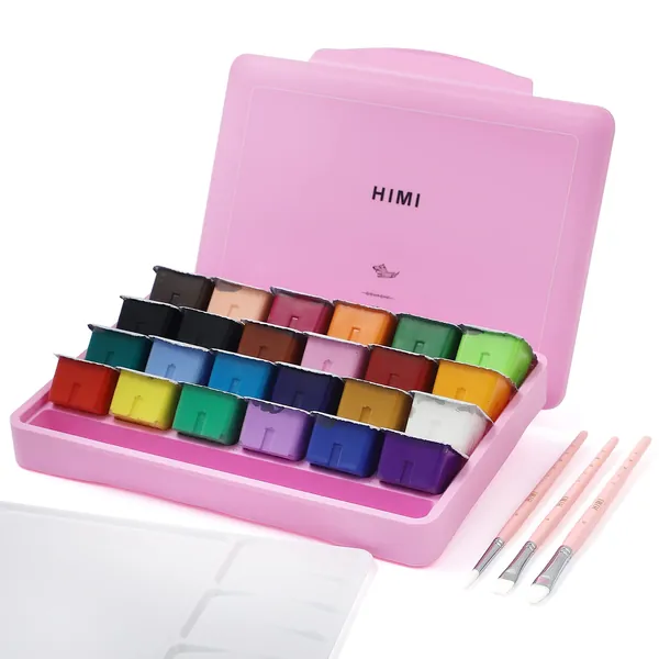 HIMI Gouache Paint Set, 24 Colors x 30ml Jelly Cup Design with 3 Paint Brushes for Artists, Students Opaque Watercolor Painting (Pink)