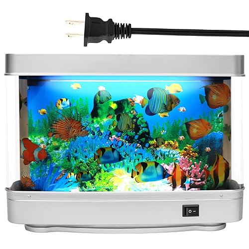 THOSOLTH Fake Fish Tank Baby Aquarium Toy - Mini Crib Aquarium Lamp. Artificial Fish Lamp Aquarium - Virtual Ocean Moving Fish Night Light for Bedroom Décor. Gift for Kids and Cat Lovers - 11.8" x 2.9" x 8.9" - Silver