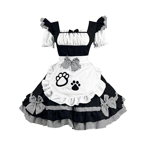 Womens Plus Size Maid Outfits Cat Paw Anime Cosplay Pleated Maid Dress Kawaii Lolita Costume with Necklace and Apron - Black - 5X-Large