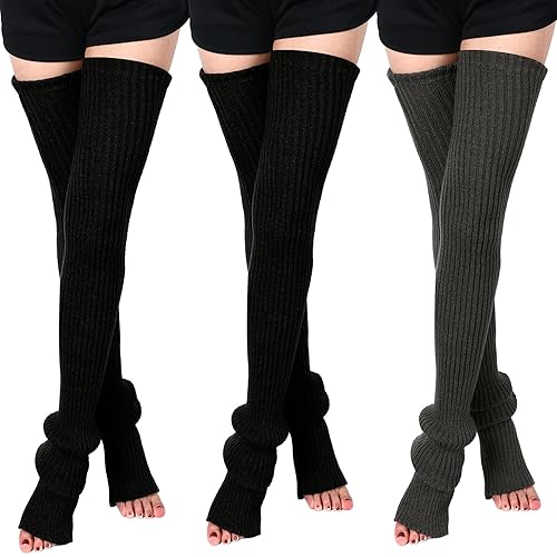 SATINIOR Leg Warmers 3 Pairs Thigh High Leg Warmers Knit Long Leg Warmers Warm Sweater Leg Warmers Women Leg Footless Socks - Black, Black, Dark Grey
