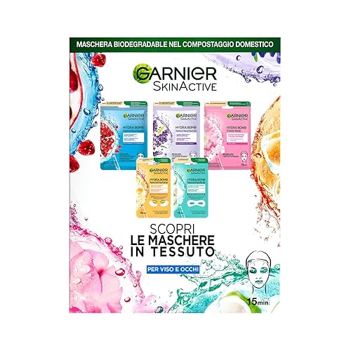 Garnier Set di Maschere in Tessuto HydraBomb, 3 Maschere per il Viso e 2 Maschere per gli Occhi, Con Effetti Diversi, Arricchite con Acido Ialuronico, Formula Vegana, SkinActive - Melograno; Noce Di Cocco; Arancia; Lavanda - 5 unità (Confezione da 1)
