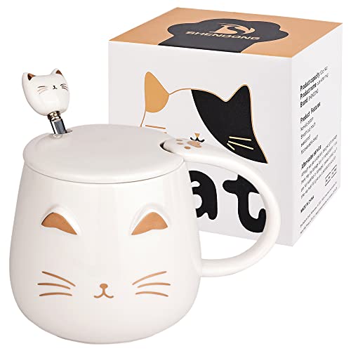 Tazza Gatto Bianco Tazza da caffè in ceramica carina con coperchio Kawaii e cucchiaio adorabile Tazza del mattino della novità Tazze di caffè - Tazze di animali 3d per gli amanti dei gatti Donne - Bianco