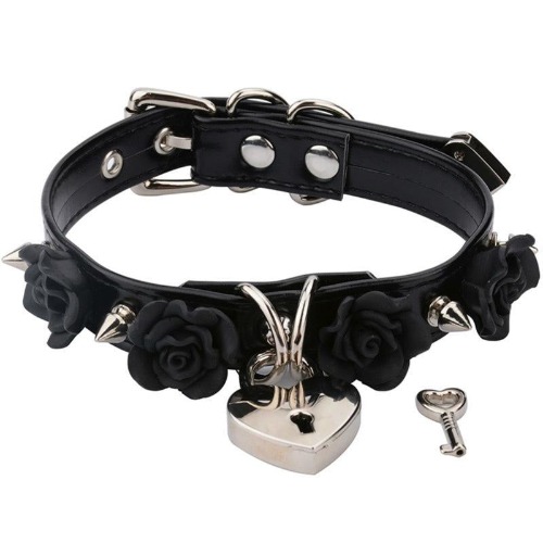 Rose Locket Collar - Black & Silver