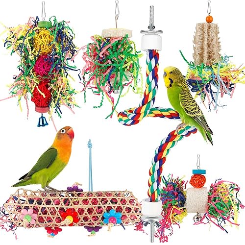 Bird Toys Bird Shredding Foraging Toys Parakeet Toy Chewing Hanging Toy Bird Shredded Paper Bird Cage Accessories Bird Rope Perch for Conure Cockatiel Budgies Lovebird Parrotlet (with Rope Perch) - With Rope Perch
