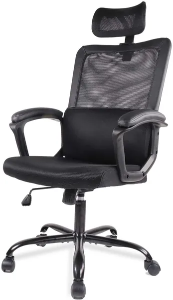Desk Chair, Ergonomic Mesh Office Chair High Back Computer Chair with Adjustable Headrest,Lumbar Support, Tilt Function,Swivel Rolling, Soft PU Armrest Task Chair Home Office Desk Chairs - Black Modern