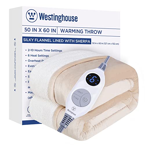 Westinghouse Electric Blanket Throw Heated Blanket with 6 Heating Levels and 2-10 Hours Time Settings, Flannel to Sherpa Super Cozy Heated Blanket Machine Washable, 50x60 inch, Beige - Beige - Throw 50"x60"