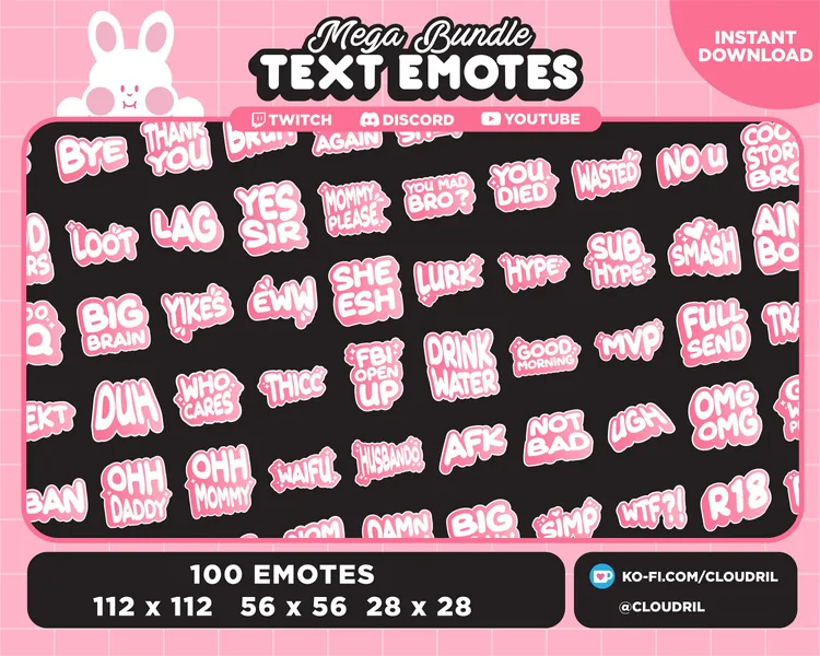 100x Mega Bundle Cute Kawaii Text Emotes | Twitch | Discord | Youtube by Cloudril