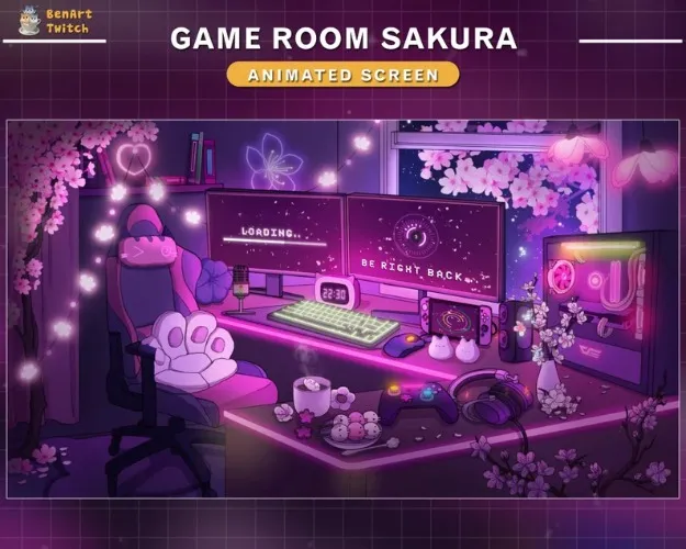 Animated Twitch Screens Cherry Blossom PC Room, Aesthetic Lo-fi Pink Sakura Game Room Stream Screens with Sakura Falling, Coffee, Night Sky