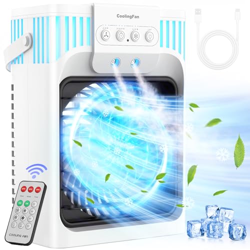 VICELEC Portable Air Conditioner Cooling Fan with Remote, Quiet with 3 Speeds, 1200ml Evaporative Personal Air Cooler Fan with 3 Mist, 7 Night Light, 8H Timer, Small Air Conditioner for Bedroom Office - White-A