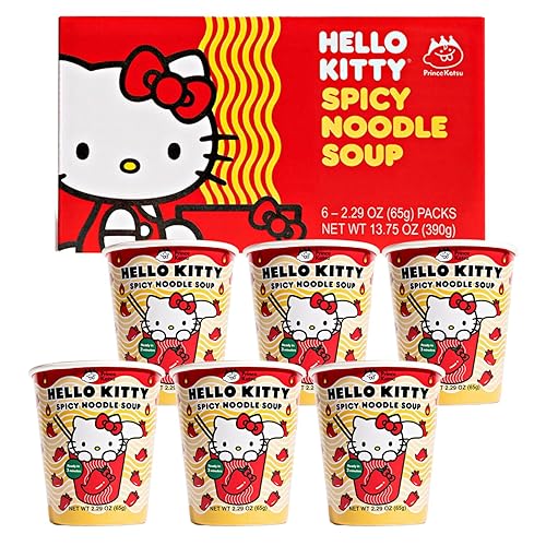 Hello Kitty Instant Ramen Noodle Cup |6 Pack Vegan Spicy Flavor | Premium Microwaveable Ramen Soup Mix, Asian Snacks - Spicy