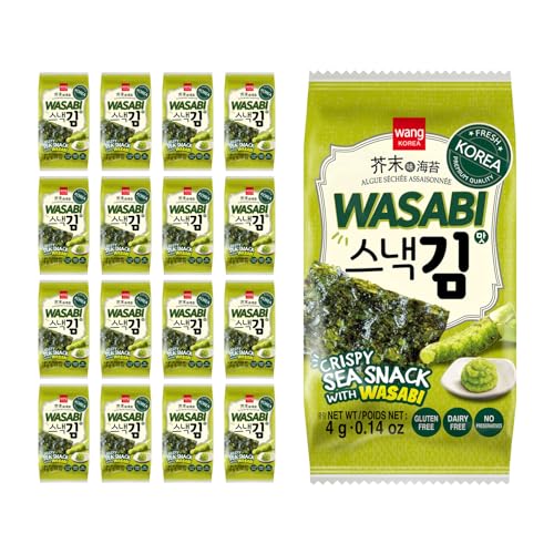Wang Korean Roasted Seaweed Snack with Wasabi, Keto-friendly, Vegan, Gluten-Free, Healthy Snack, Pack of 16 - Wasabi - 0.14 Ounce (Pack of 16)