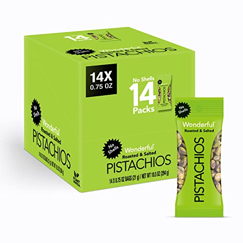 Wonderful Pistachios No Shells, Roasted & Salted Nuts, 0.75 Ounce Bags (Pack of 14), Protein Snack, Carb-Friendly, Gluten Free, On-the-go, Individually Wrapped Snack - Roasted & Salted - 0.75 Ounce (Pack of 14)