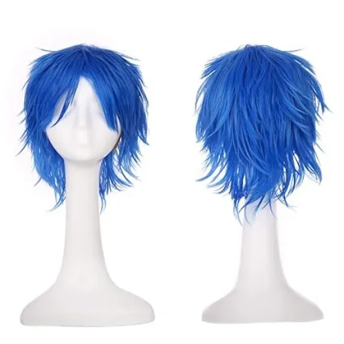 Short Fluffy Cosplay Wig For Women and Men Spiky Unisex Comic Wig wtih Oblique Bangs for Halloween Cosplay Costume Party green / dark blue