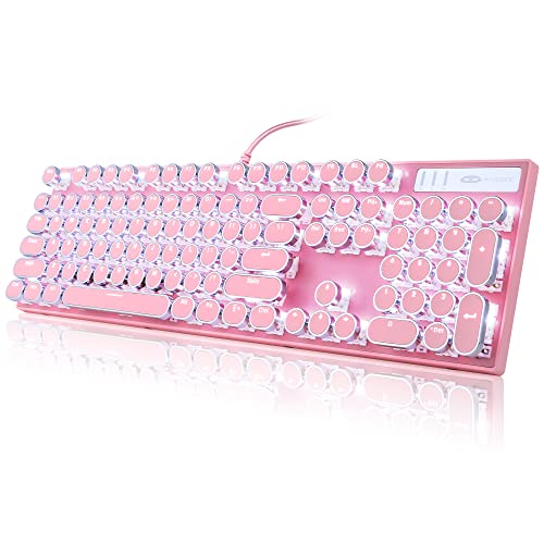 Camiysn Typewriter Style Mechanical Gaming Keyboard, Pink Retro Punk Gaming Keyboard with White Backlit, 104 Keys Blue Switch Wired Cute Keyboard, Round Keycaps for Windows/Mac/PC - pink(round keycaps)