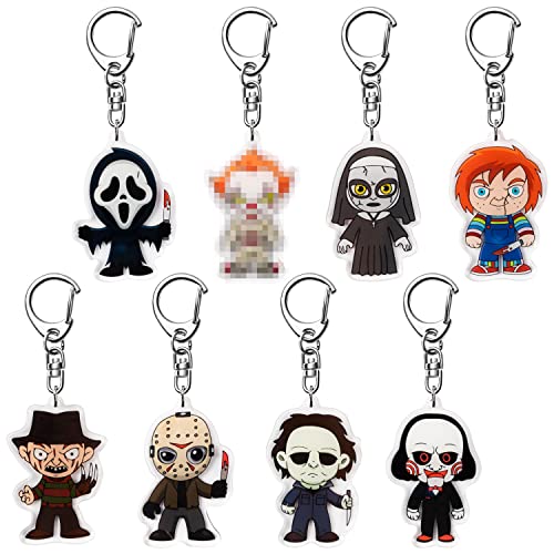 laffact 8Pcs Horror Classic Movie Characters Acrylic Keyring Accessories for Keys Wallets Backpack Scary Movies Figure Pendant Hanging Key Chain Decorations with Rotatable Link for Gift