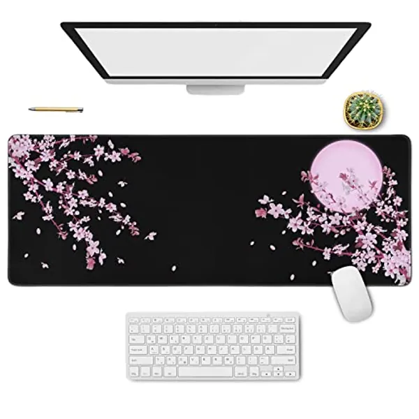 Cherry Blossom Floral Mouse Pad Black XL, Extended Large Mouse Pad, Kawaii Pink Black Mousepad, Moon Floral Long Big Desk Mouse Mat, Cherry Blossom Decor Stuff Accessories, 31.5 X 11.8 Inch - Cherry Blossom