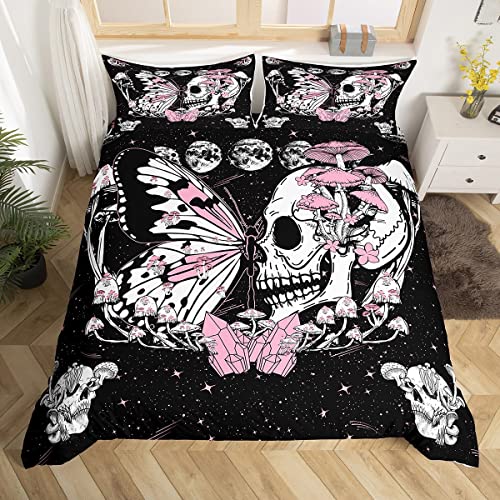 Butterfly Skull Duvet Cover Set Twin Size Pink Mushroom Comforter Cover Gothic Starry Galaxy Moon Bedding Set 2pcs for Kids Teens Girls Boys Bedroom Decor Trippy Plants Quilt Cover,1 Pillowcase - Gothic Butterfly - Twin