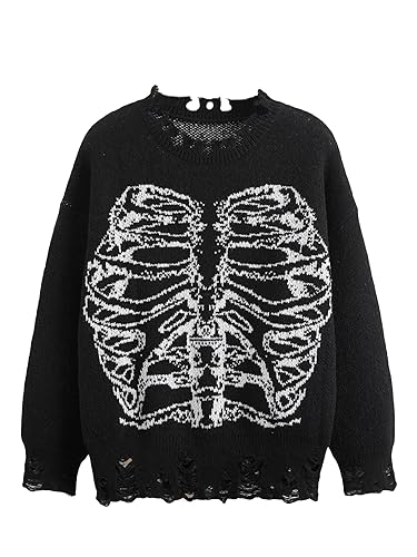 SHENHE Women's Oversized Skeleton Pattern Ripped Round Neck Sweater Pullover - Medium - Black