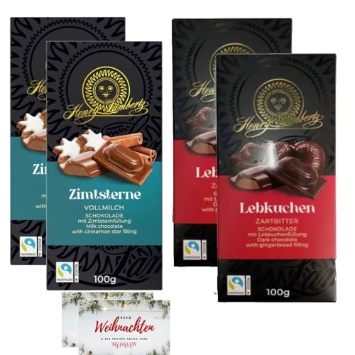 Lambertz Lebkuchen, Zimtsterne, Dark & Milk Chocolate with Gingerbread Filling, 4 Pack (100g) with Merry Christmas Sticky Gift Tag in German