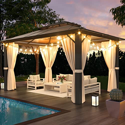 Jolydale 10'x12' Hardtop Gazebo, Double Roof Gazebo, Aluminum Frame Permanent Pavilion with Netting and Curtains, Outdoor Polycarbonate Gazebo, for Patios, Gardens, Lawns - 10'x12'-Brown Polycarbonate Roof