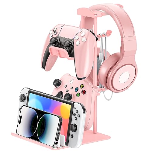 KDD Headphone Stand, Controller Holder & Headset Holder for Desk, Earphone Stand with Aluminum Supporting Bar, Universal Storage Organizer Headphones/Controller/Switch/Mobile Phone(Pink)