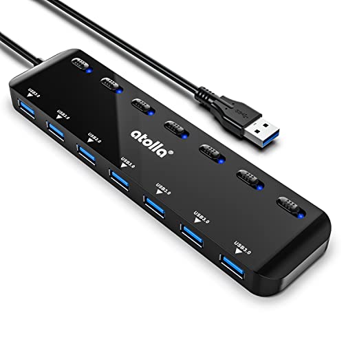 USB HUB, atolla 7-Port USB 3.0 Hub Slim USB Splitter with 3.82Ft Extended Cable and Individual LED Power Switches, Multi USB Port Extension Data Hub for PC, Laptop, MacBook, etc. - Blue