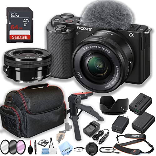 Sony ZV-E10 Mirrorless Camera with 16-50mm Lens + 64GB Memory + Case+ Steady Grip Pod + Filters + 2X Batteries + More (30pc Bundle) (Renewed)