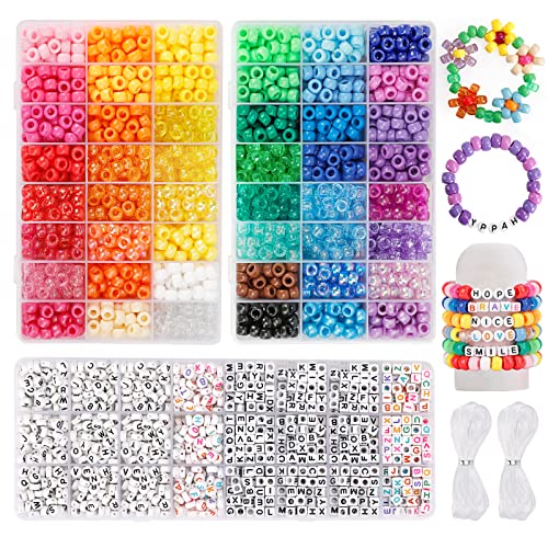 Quefe 3960pcs Pony Beads for Friendship Bracelet Making Kit 48 Colors Kandi Beads Set, 2400pcs Plastic Rainbow Bulk and 1560pcs Letter Beads with 20 Meter Elastic Threads for Craft Jewelry Necklace