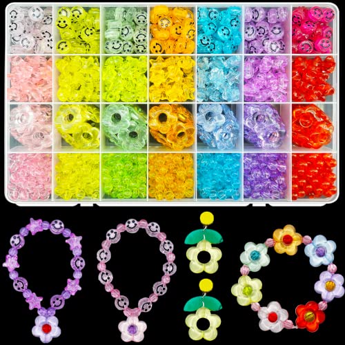 959Pcs Transparent Flower Beads Smile Face Bead Star Beads Crystal Candy Color Acrylic Pastel Beads Assorted Plastic Cute Kawaii Beads Kandi Beads Bulk for Bracelets Jewelry Making DIY Craft Earring - Clear Flower Beads