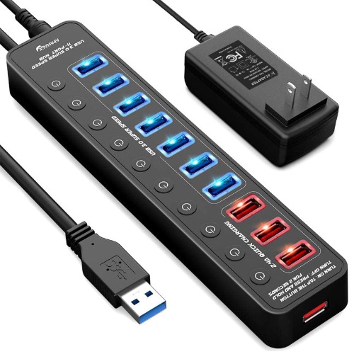 Apanage Powered USB 3.0 Hub, 11 Ports USB Hub Splitter (7 High Speed Data Transfer Ports + 4 Smart Charging Ports) with Individual On/Off Switches and 48W Power Adapter for Mac Pro/mini, PC, HDD, Disk - 11-Port Black