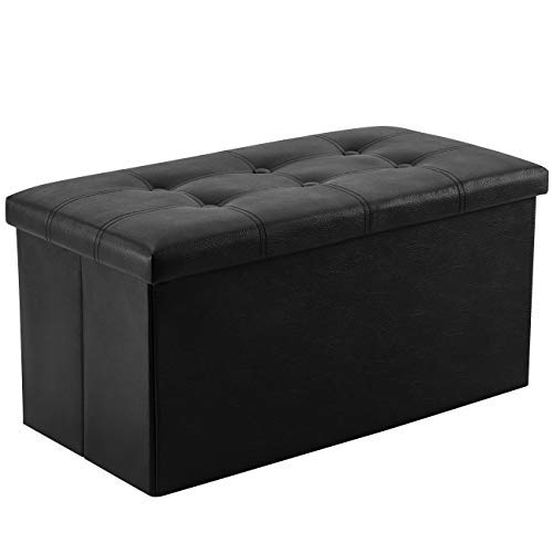 YOUDENOVA 30 inches Folding Storage Ottoman, 80L Storage Bench for Bedroom and Hallway, Faux Leather Black Footrest with Foam Padded Seat, Support 350lbs - Black - 30 x 15 x 15 Inches