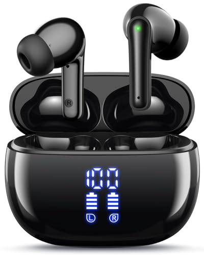 YAQ Wireless Earbuds Bluetooth Headphones, 40H Playtime Stereo IPX5 Waterproof Ear Buds, LED Power Display Cordless in-Ear Earphones with Microphone for iOS Andriod Cell Phone Sports - Black