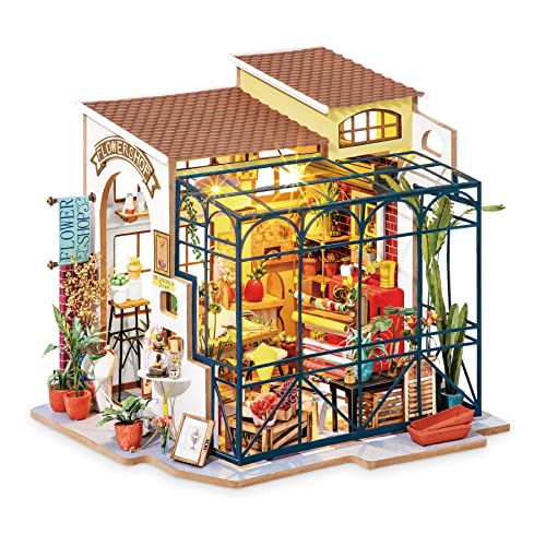 ROBOTIME DIY Dollhouse Kit Mini House with Furnitures Accessories 1:24 Scale Craft Kit - Emily's Flower Shop - Emily's Flower Shop