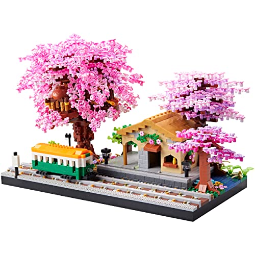 LUKHANG Sakura Train Station Model Kit - 3668pcs Micro Blocks, Captivating Architecture Building Set, Relaxing and Creative Gift for Adults, Charming Cherry Blossom Aesthetic - Sakura Train Station